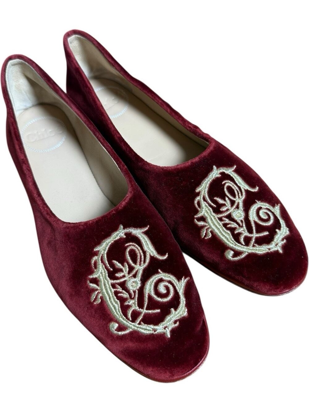 CHLOE Burgundy Velvet Monogram "C" Logo Flats Loafers Shoes Size 39